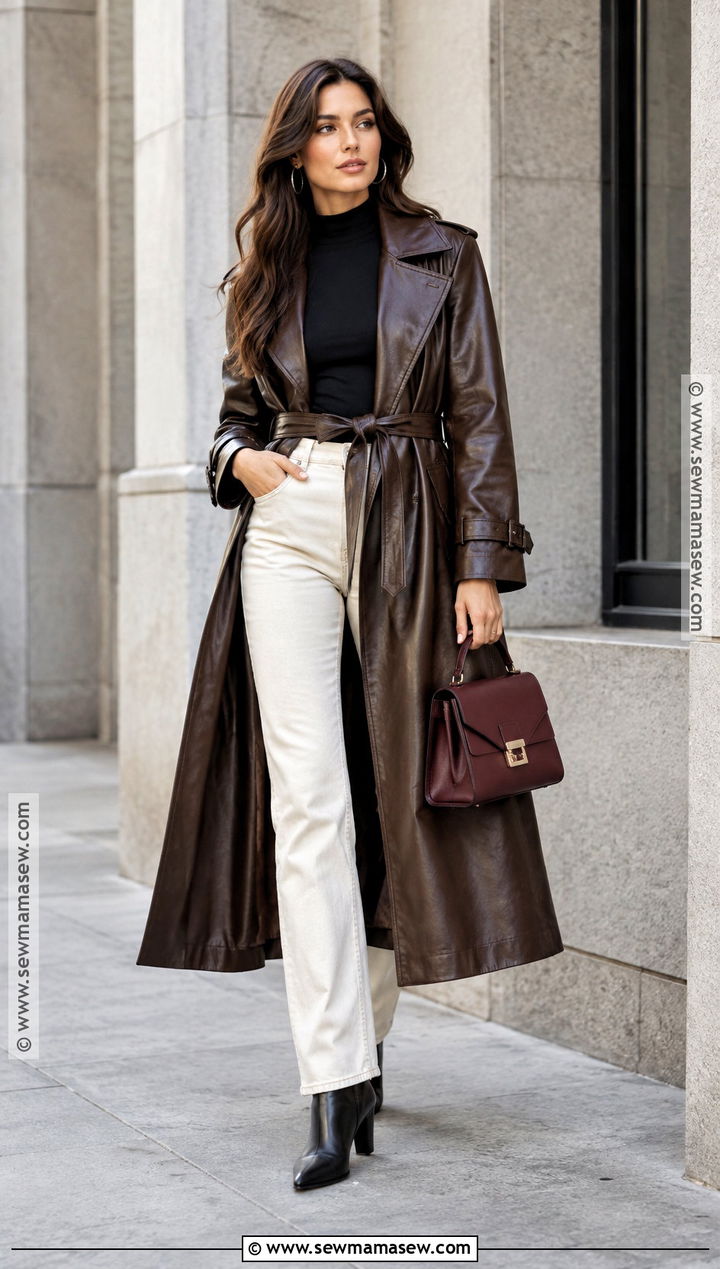 Leather Belted Trench Coat With Mock Neck And White Jeans - 15 belted trench coat fall fashion ideas