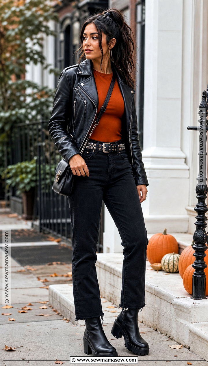Leather Biker Halloween Outfit With Orange Top - 50 halloween outfits