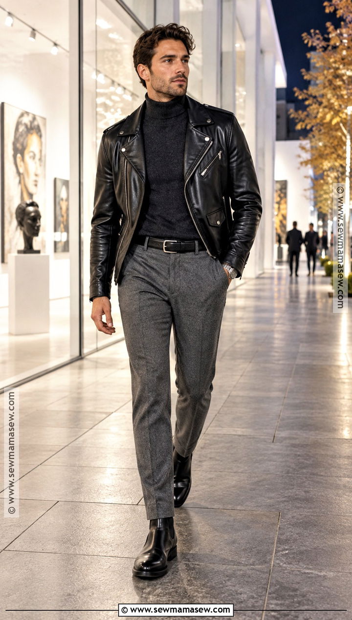 Leather Biker Jacket With Turtleneck And Trousers - 15 mens autumn jackets