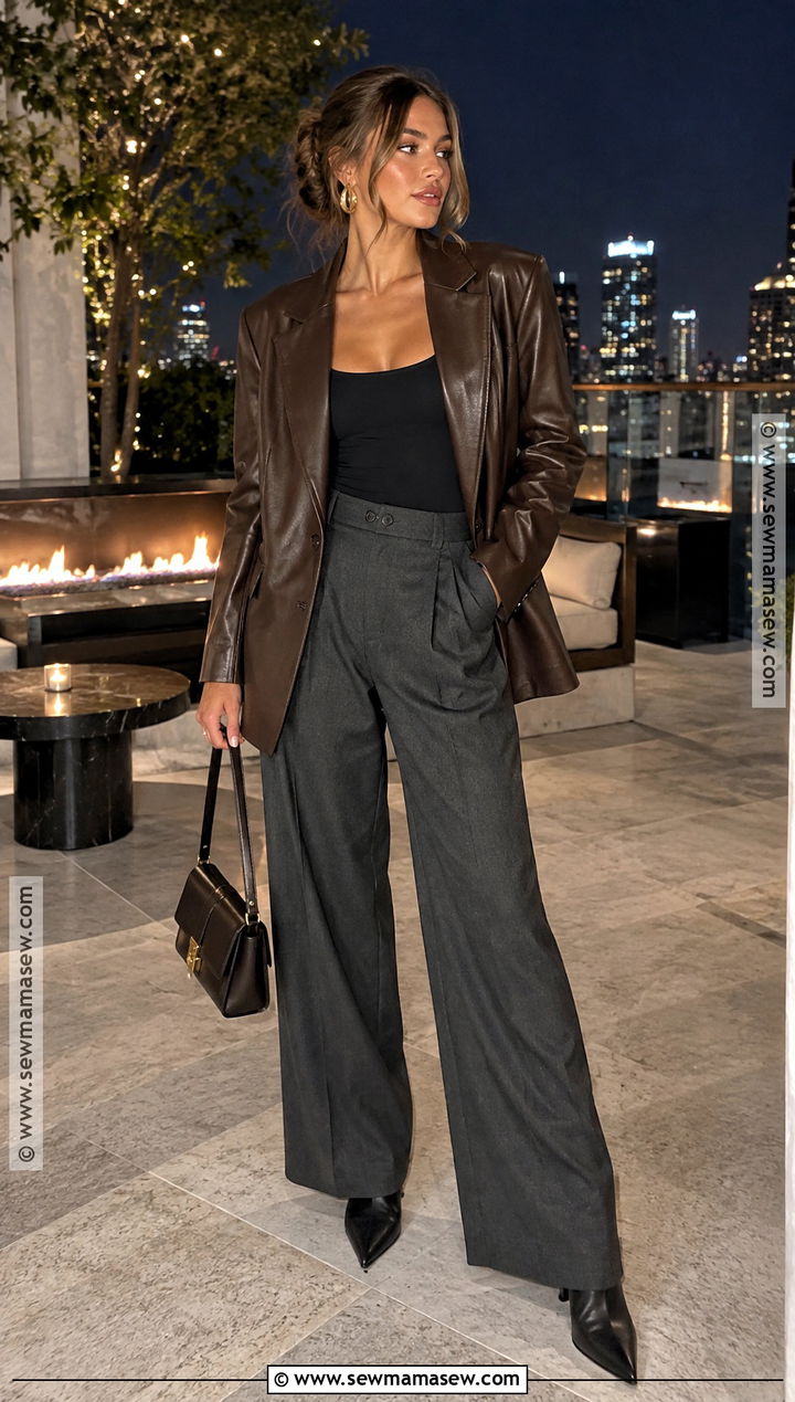 Leather Blazer And Wide Leg Pants Fall Night Out Outfit - 20 nightout fall outfits
