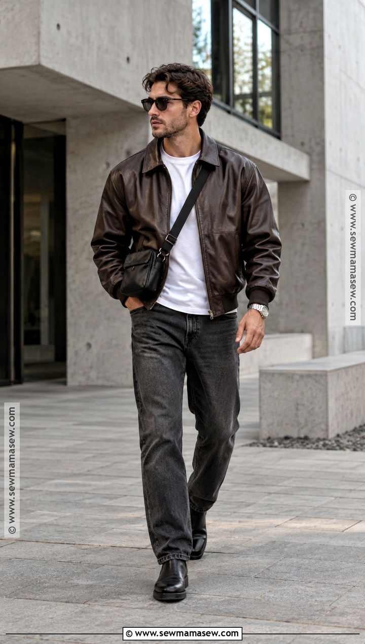 Leather Bomber And Black Jeans Fall Outfit - 15 Fall Fits Men Aesthetic