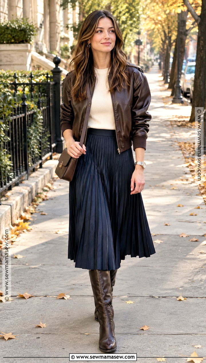 Leather Bomber And Pleated Midi Skirt Fall Outfit - 25 trending fall outfits
