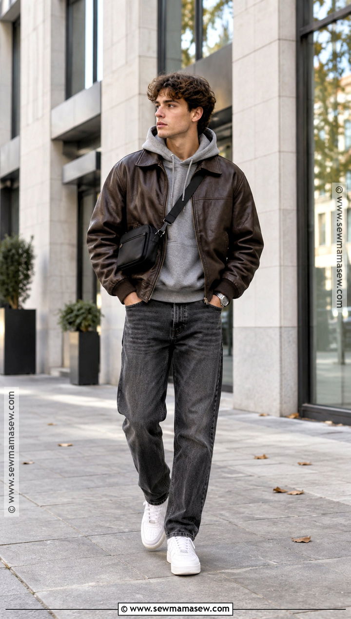 Leather Bomber Jacket With Hoodie And Jeans - 15 Male Outfits Autumn
