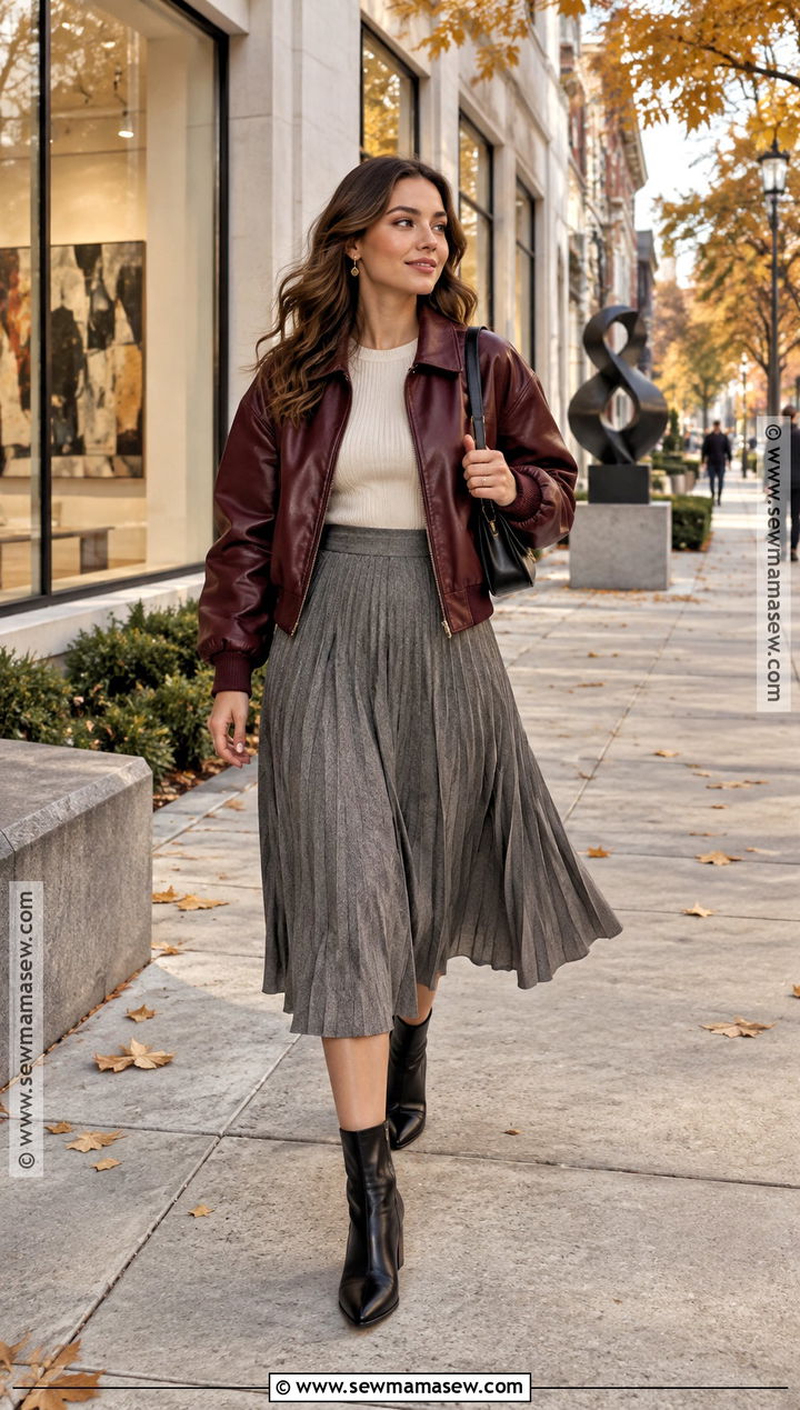 Leather Bomber Jacket With Pleated Skirt - 25 Fall Leather Jacket Outfit Ideas