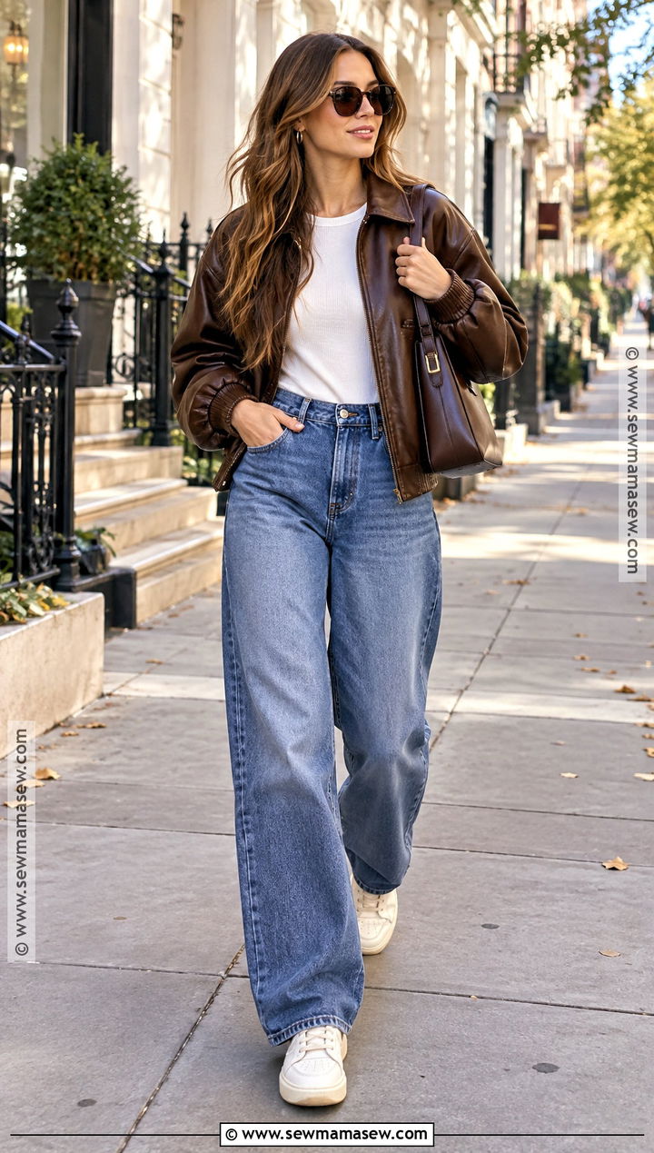 Leather Bomber Jacket With Wide Leg Jeans - 15 fall outfits women leather jacket