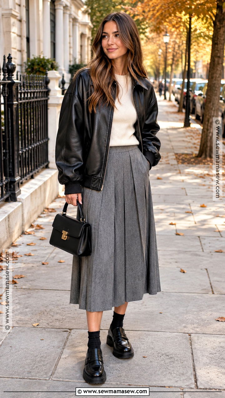 Leather Bomber and Pleated Skirt Outfit - 15 Autumn 2026 Street Style Ideas