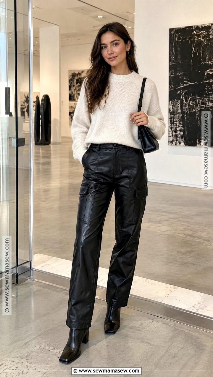 Leather Cargo Pants With Cashmere Sweater And Ankle Boots - 20 fall cargo pants outfit
