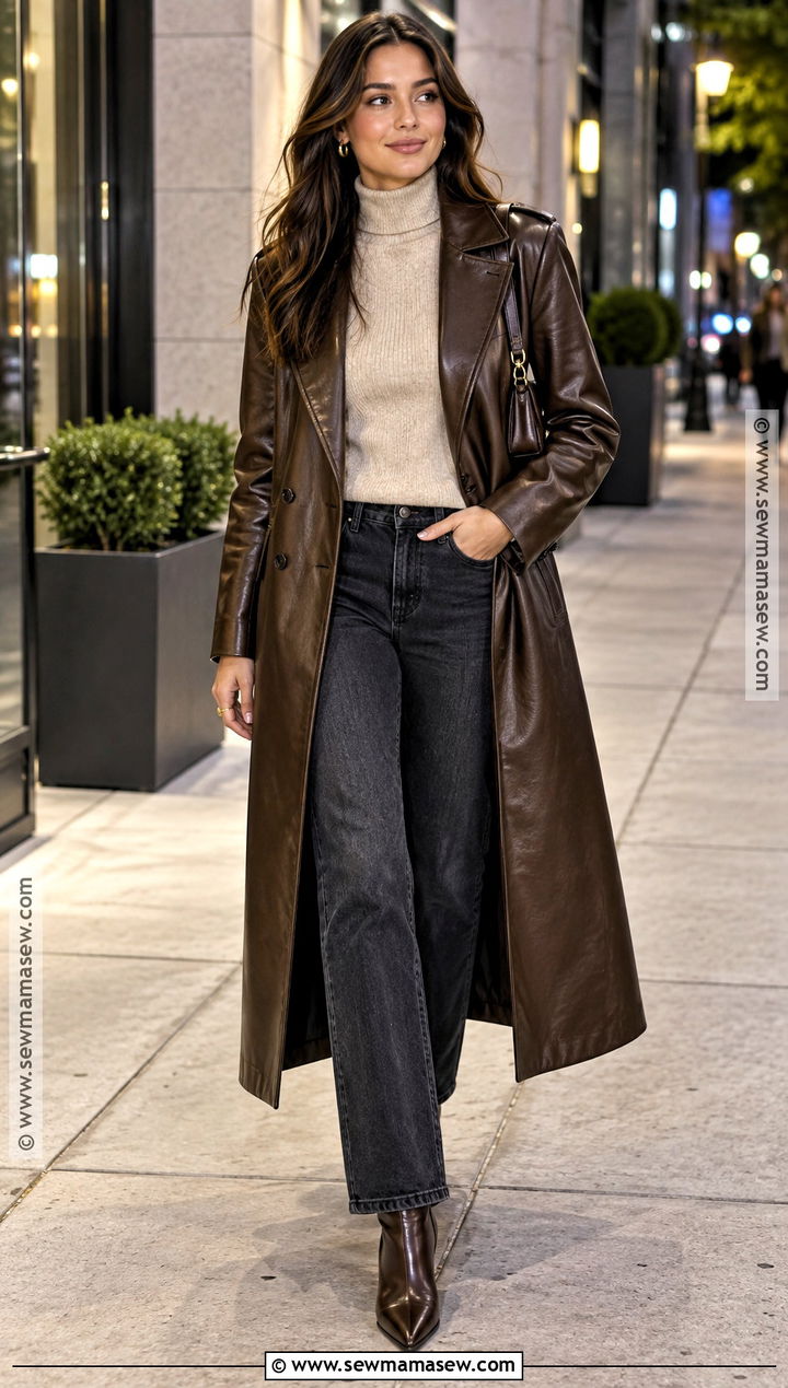 Leather Coat With Turtleneck And Dark Jeans - 25 fall coat ideas