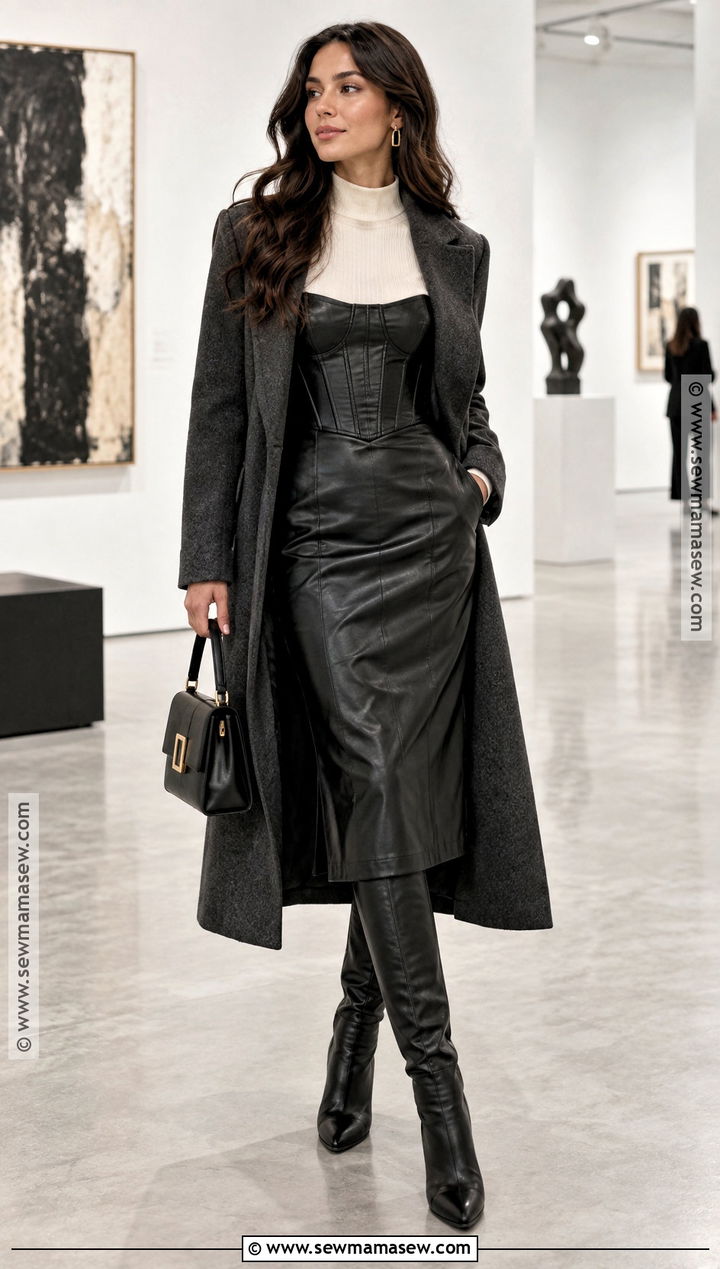 Leather Corset Dress With A Fitted Knit Top - 15 Fall Leather Dress Outfit Ideas