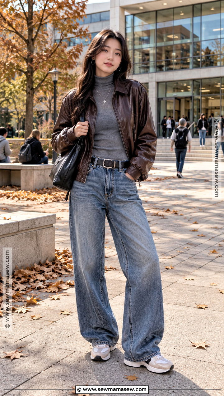 Leather Jacket And Baggy Jeans For University - 20 university fall outfits