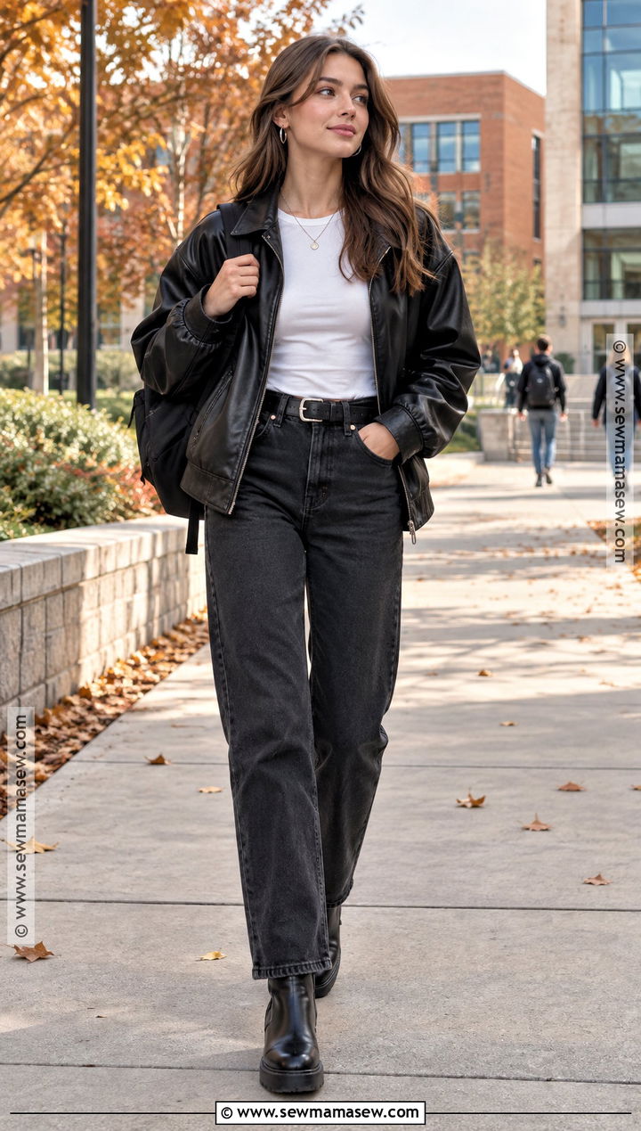 Leather Jacket And Black Jeans College Outfit - 15 back to school college outfits 2026