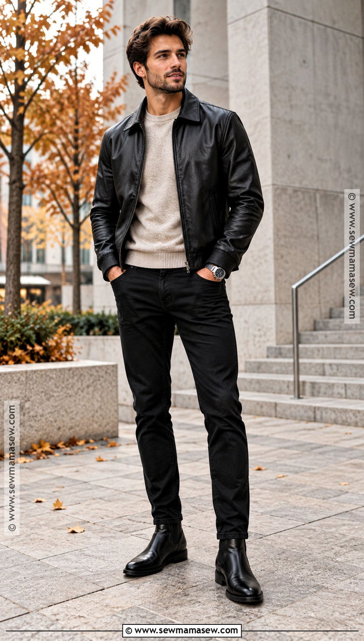 Leather Jacket And Black Jeans Fall Engagement Outfit - 15 men fall engagement outfit ideas