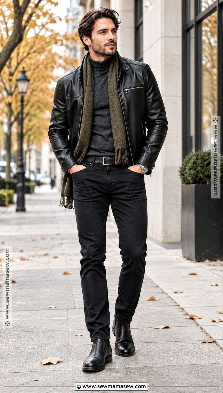 Leather Jacket And Black Jeans Fall Outfit - 20 fall outfit inspo ideas for men