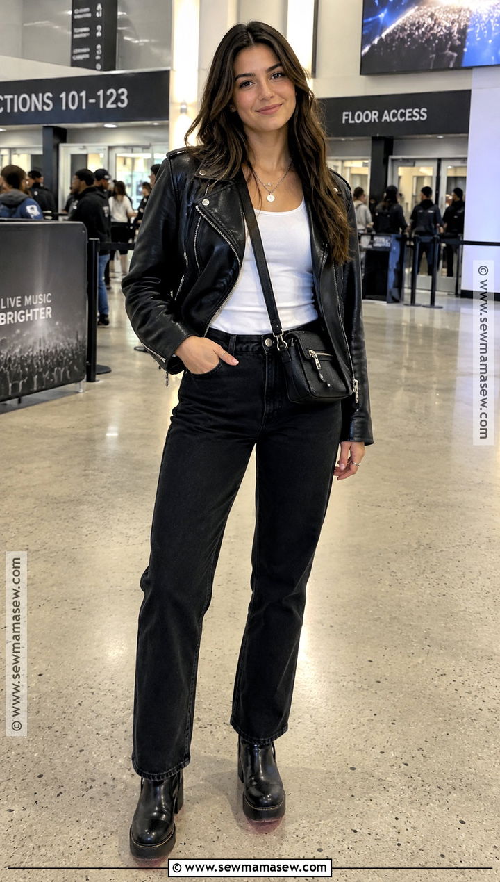 Leather Jacket And Black Jeans Indoor Concert Outfit - 15 Indoor Concert Outfit Fall Ideas