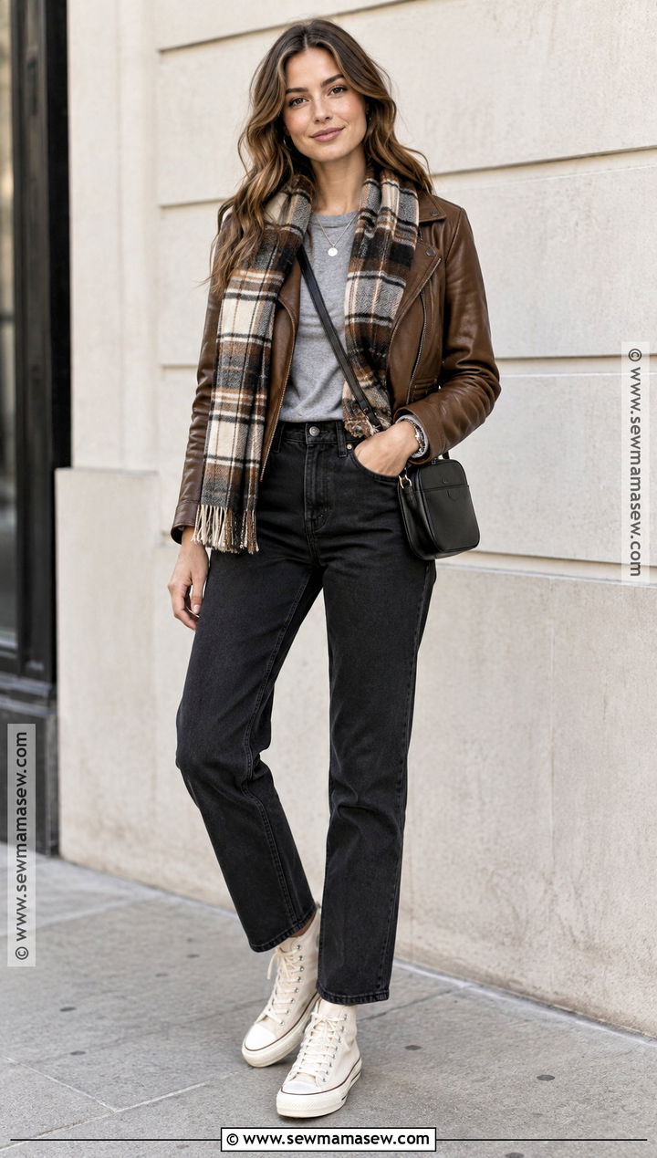 Leather Jacket And Black Jeans With High Top Sneakers - 15 fall outfit inspiration with sneakers