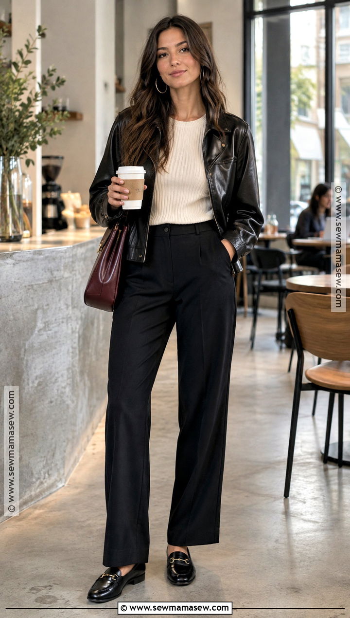 Leather Jacket And Black Trousers Coffee Date Outfit - 20 fall coffee date outfit ideas