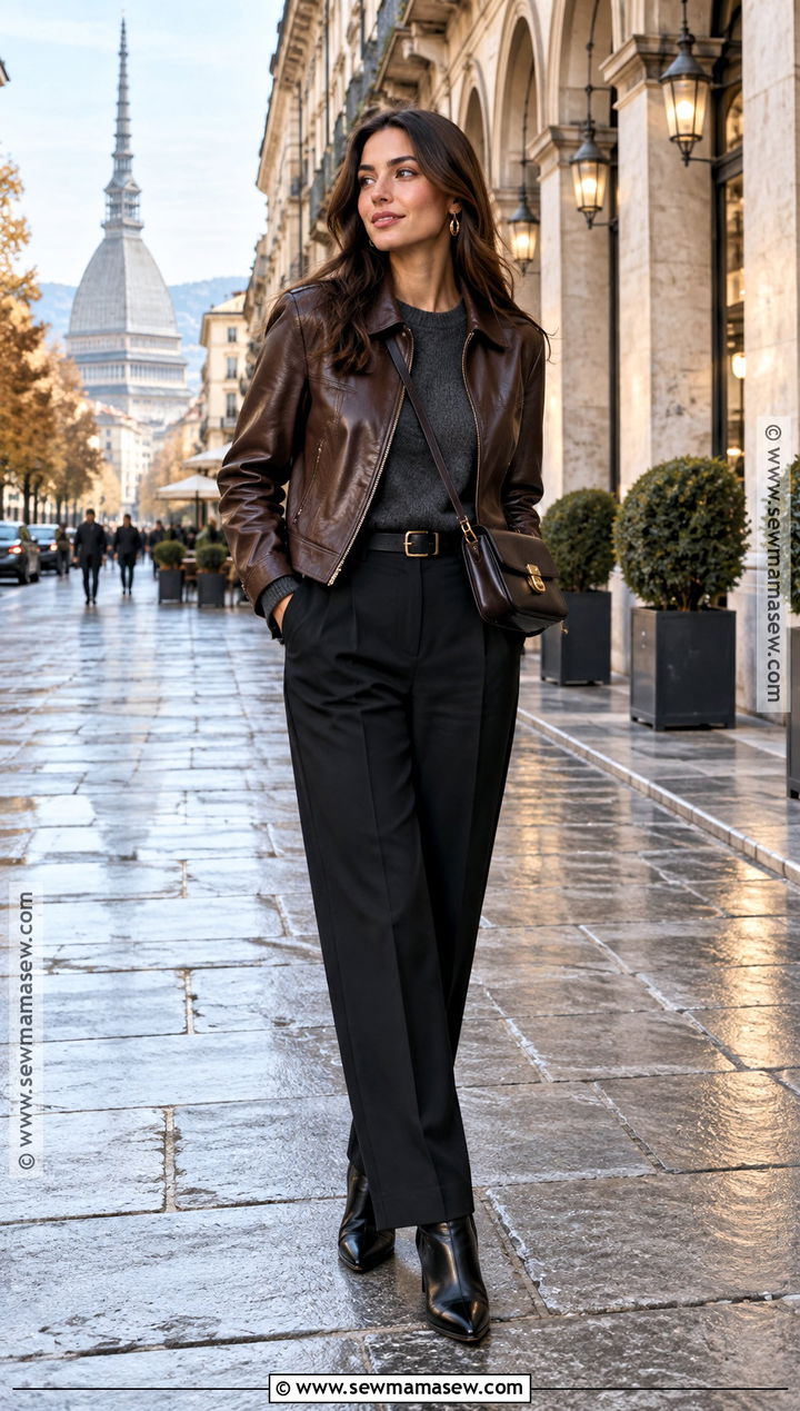 Leather Jacket And Black Trousers Italy Autumn Outfit - 20 italy autumn outfit ideas