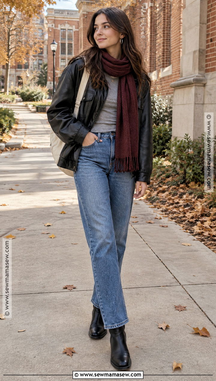Leather Jacket And Blue Jeans College Outfit - 25 autumn college outfits