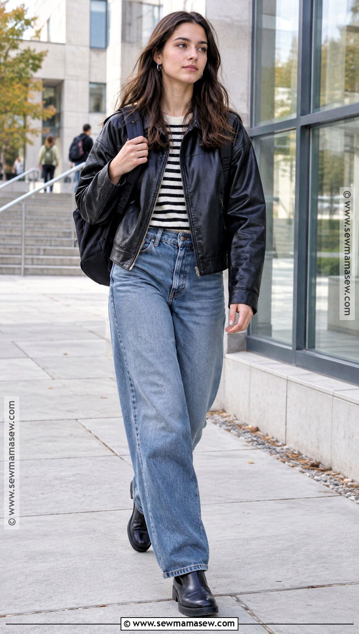 Leather Jacket And Blue Jeans Fall School Outfit - 30 fall outfits for school