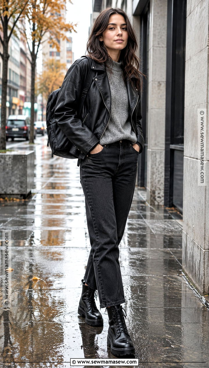 Leather Jacket And Combat Boots Rainy Outfit - 25 rainy fall outfit ideas