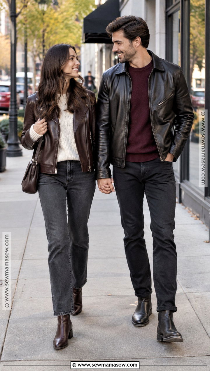 Leather Jacket And Dark Denim Couple Outfit - 15 couple photoshoot fall outfit ideas