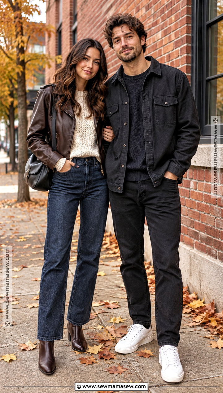 Leather Jacket And Dark Denim Fall Couple Outfit - 15 fall outfit ideas for couple pictures