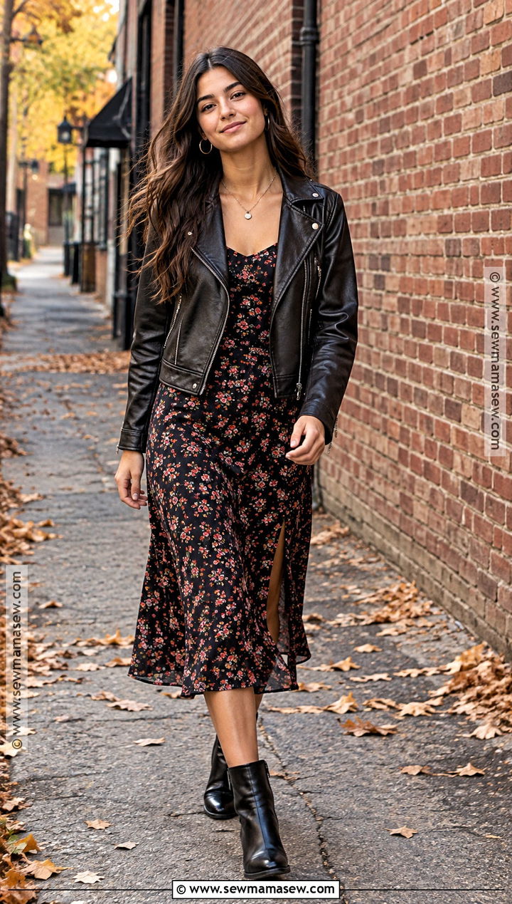Leather Jacket And Dark Floral Dress Fall Senior Pictures Outfit - 25 fall senior pictures outfits