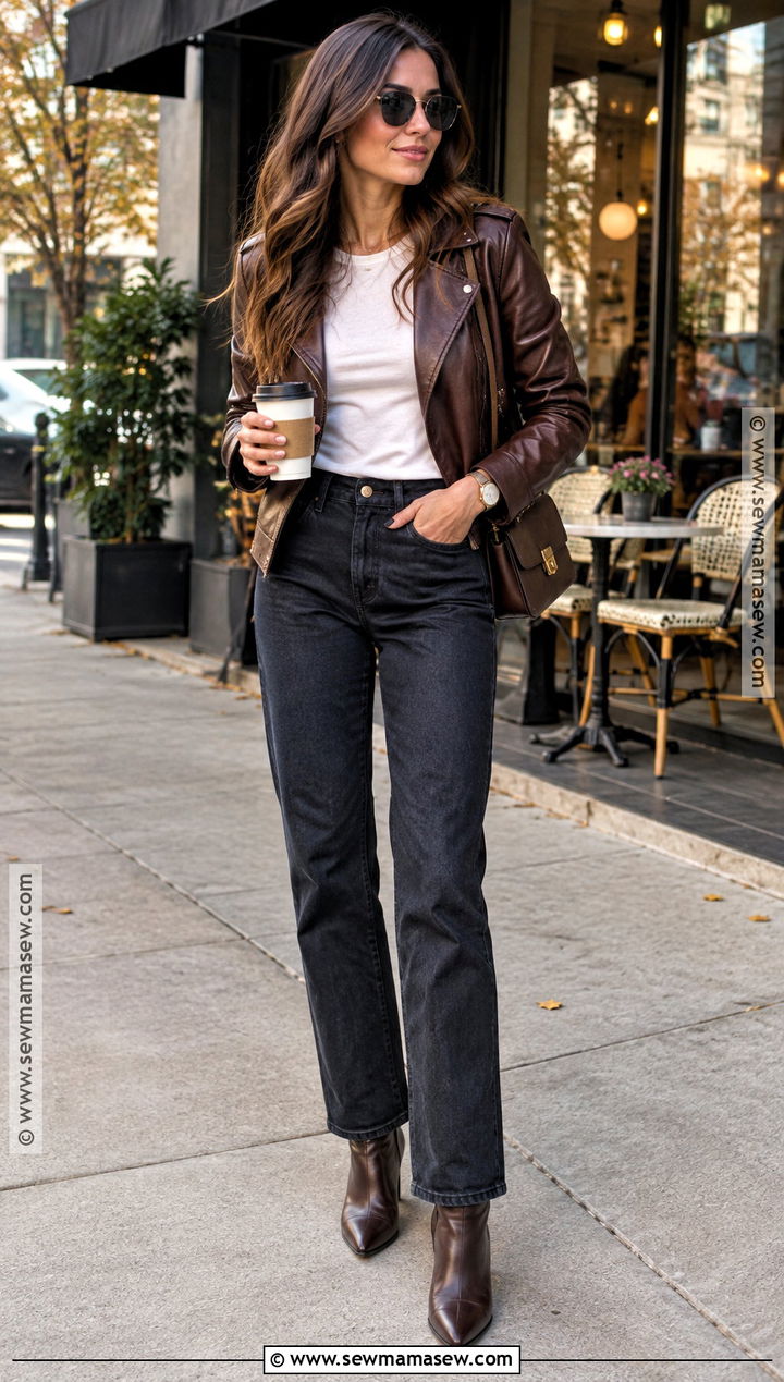 Leather Jacket And Dark Jeans Coffee Date Outfit - 15 coffee date fall outfit ideas