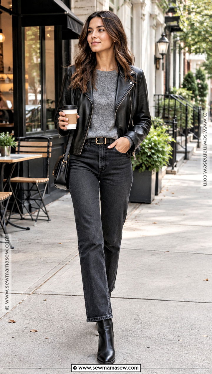 Leather Jacket And Dark Jeans Coffee Date Outfit - 20 coffee date outfit fall ideas