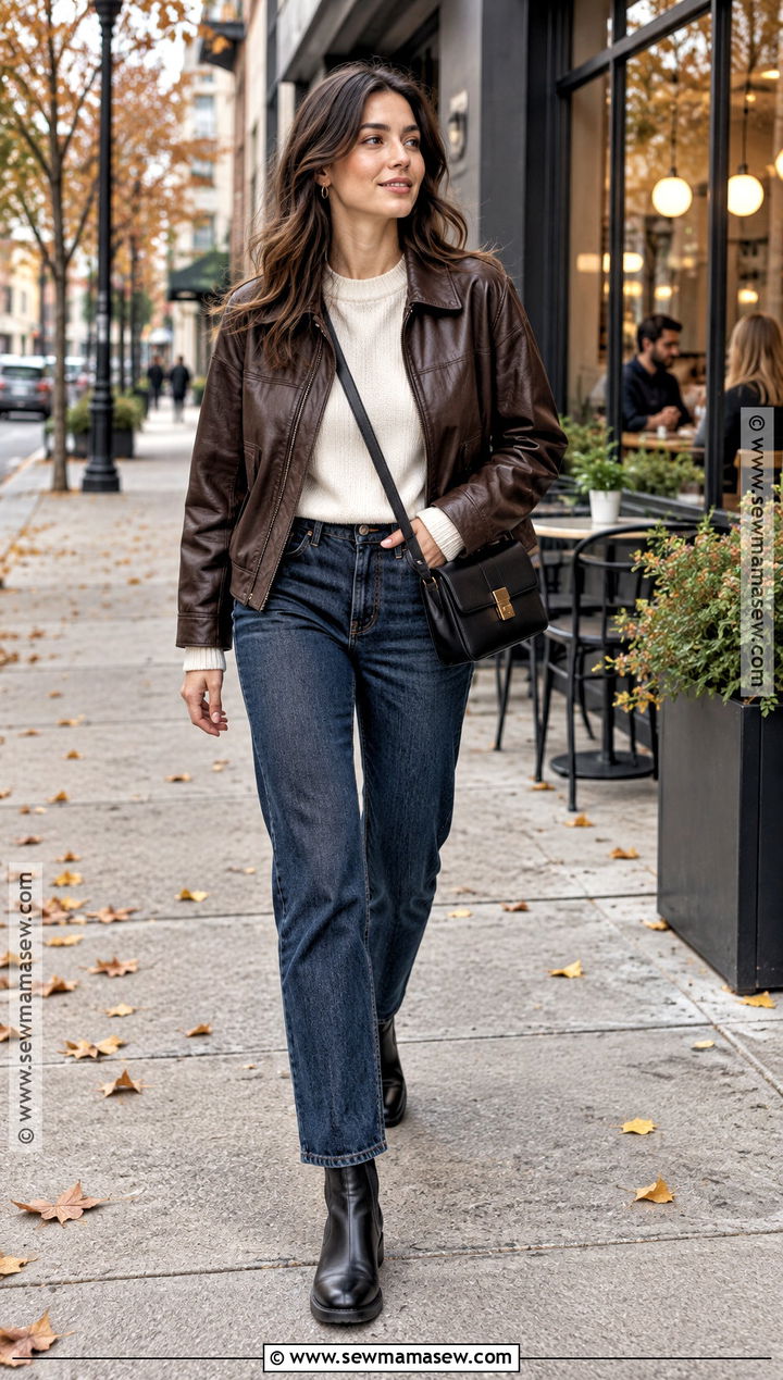 Leather Jacket And Dark Jeans Coffee Date Outfit - 15 coffe date autumn outfit ideas
