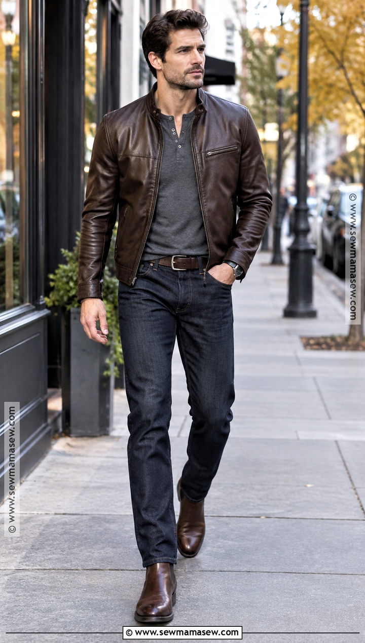 Leather Jacket And Dark Jeans Fall Outfit - 25 Fall Mens Outfits