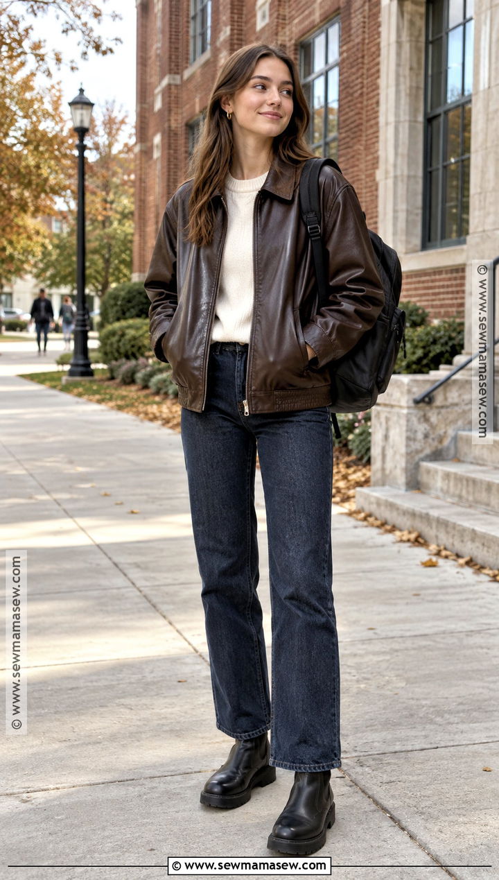 Leather Jacket And Dark Wash Jeans Outfit - 15 fall outfits 2026 school