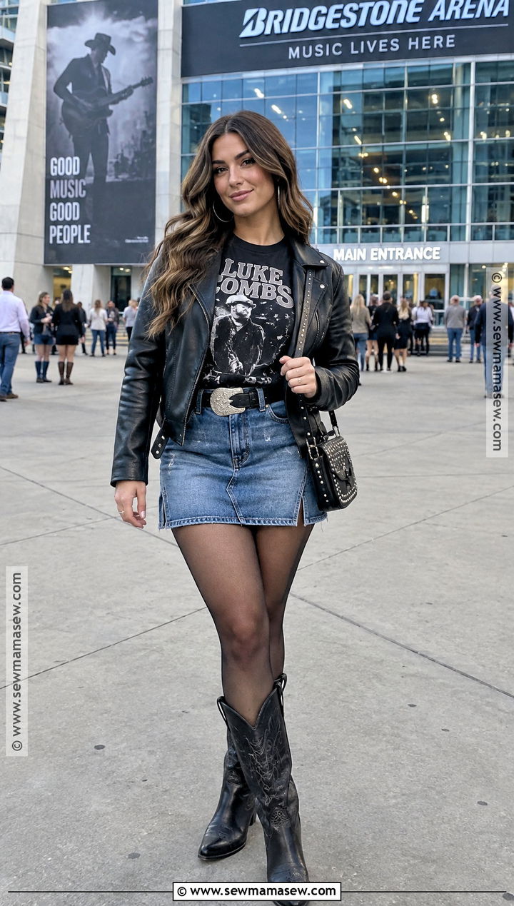 Leather Jacket And Denim Mini Skirt Country Concert Outfit - 25 fall country concert outfit ideas