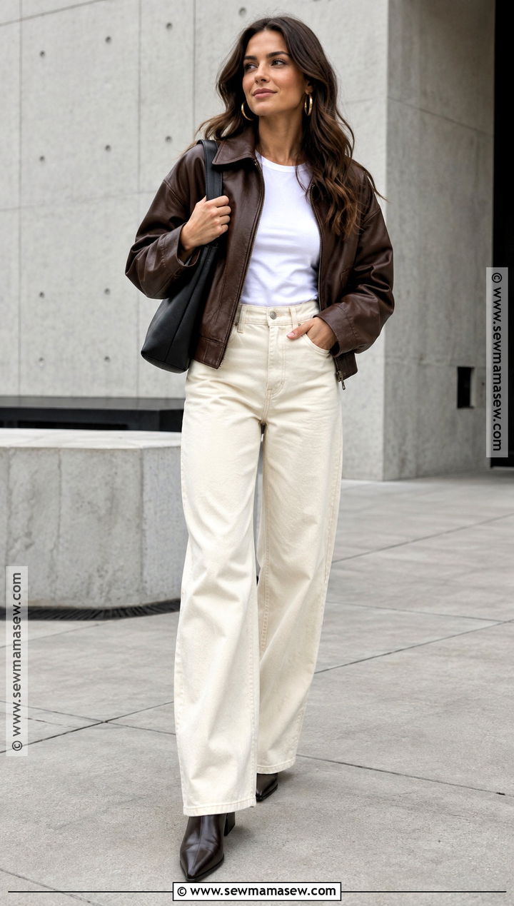 Leather Jacket And Ecru Jeans Outfit - 15 Fall Outfits For Insta Pics
