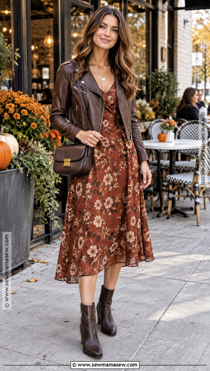 Leather Jacket And Floral Dress Autumn Brunch Outfit - 25 autumn brunch outfit ideas
