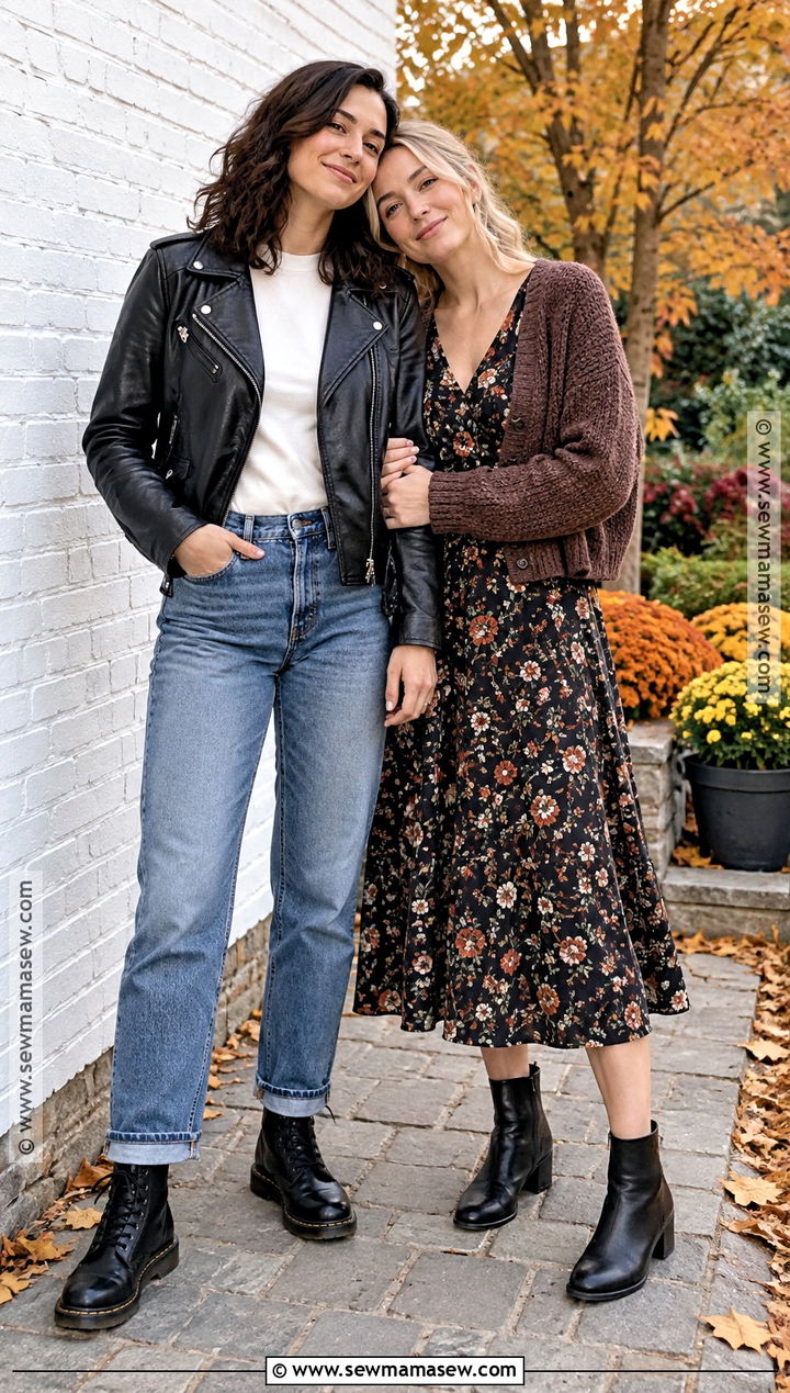 Leather Jacket And Floral Dress Couple Outfit - 15 Lesbian Couple Photoshoot Outfits Fall