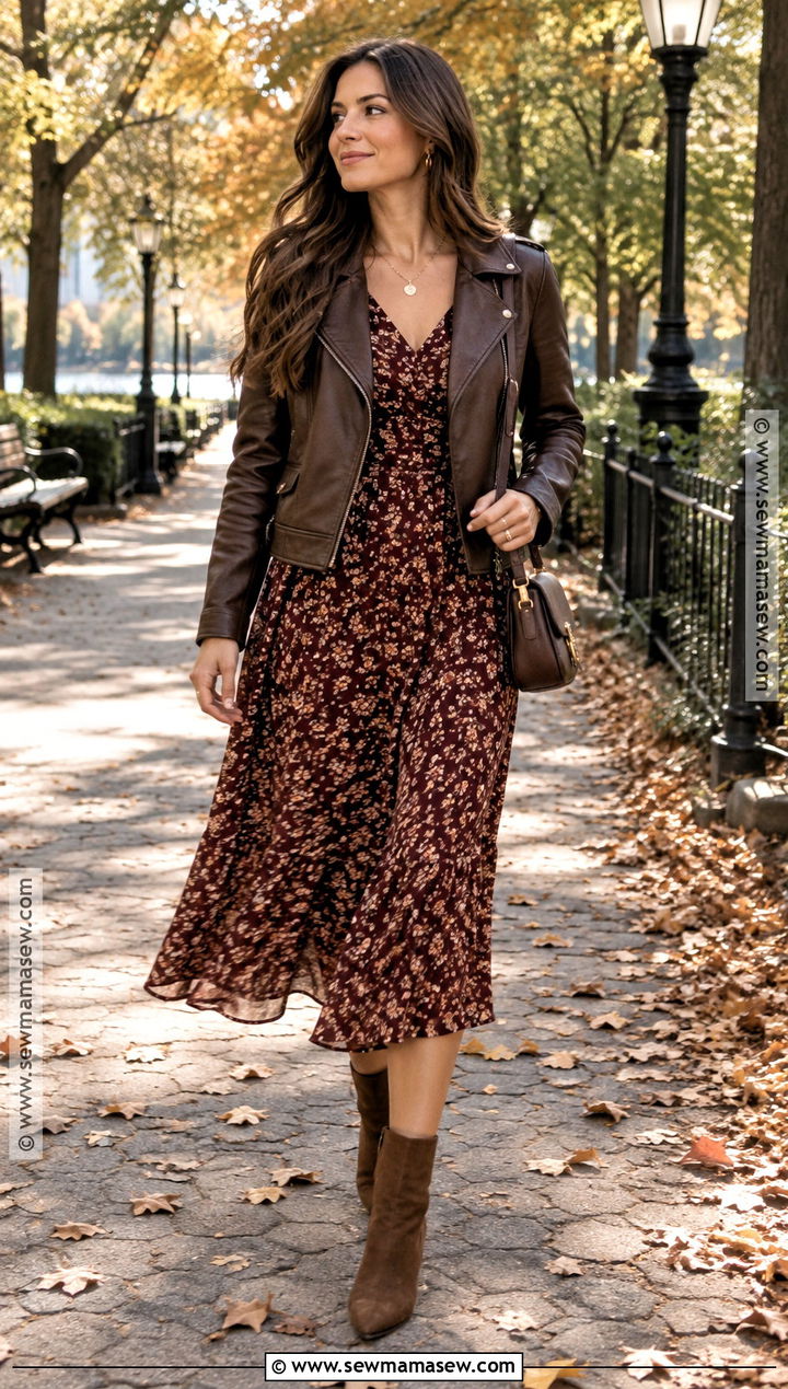 Leather Jacket And Floral Dress Fall Photo Shoot Outfit - 20 Fall Photo Shoot Outfits for Women