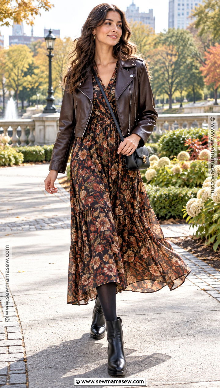 Leather Jacket And Floral Maxi Dress Autumn Outfit - 15 Autumn Style 2026 Ideas for Women