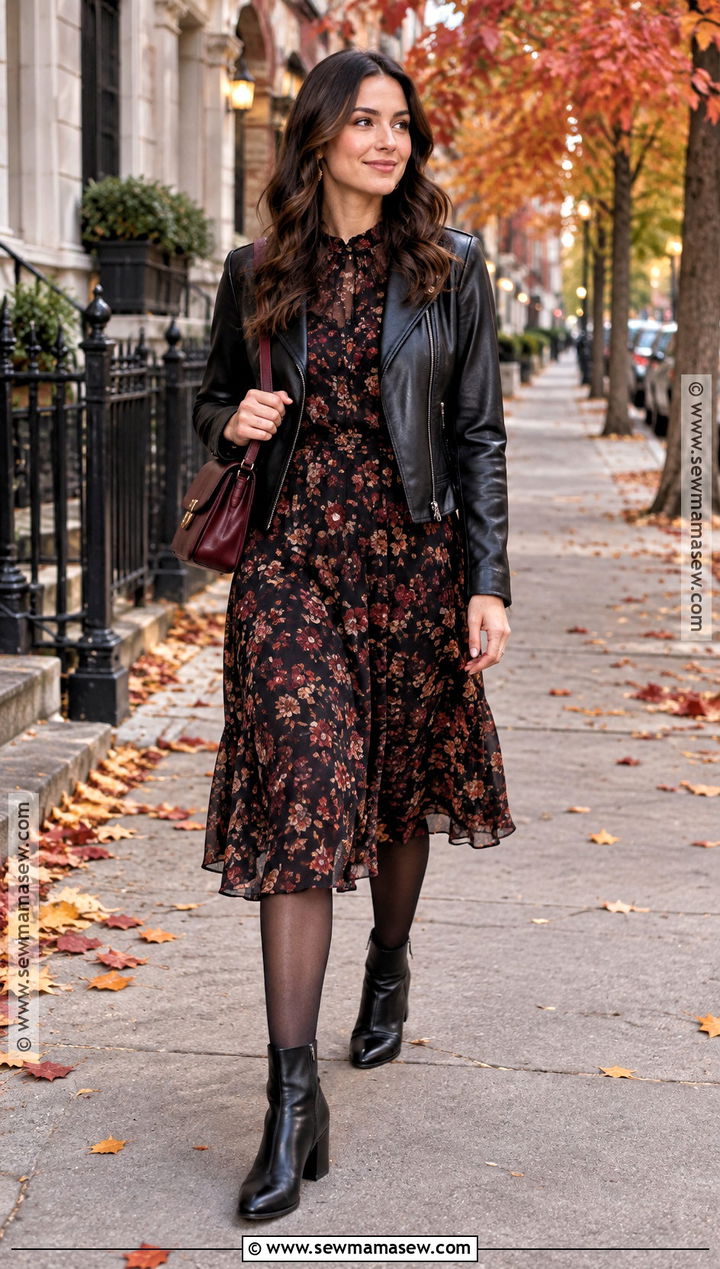 Leather Jacket And Floral Midi Dress Autumn Date Night Outfit - 25 autumn date night outfit ideas