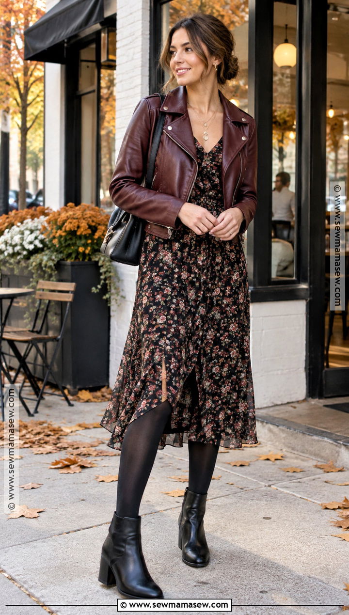 Leather Jacket And Floral Midi Dress Fall Outfit - 15 creative fall outfits