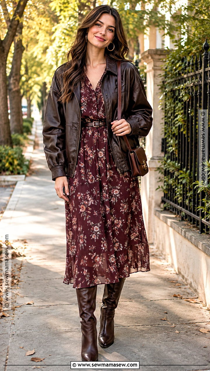 Leather Jacket And Floral Midi Dress Fall Outfit - 15 Fall 2026 Fashion Inspiration Ideas