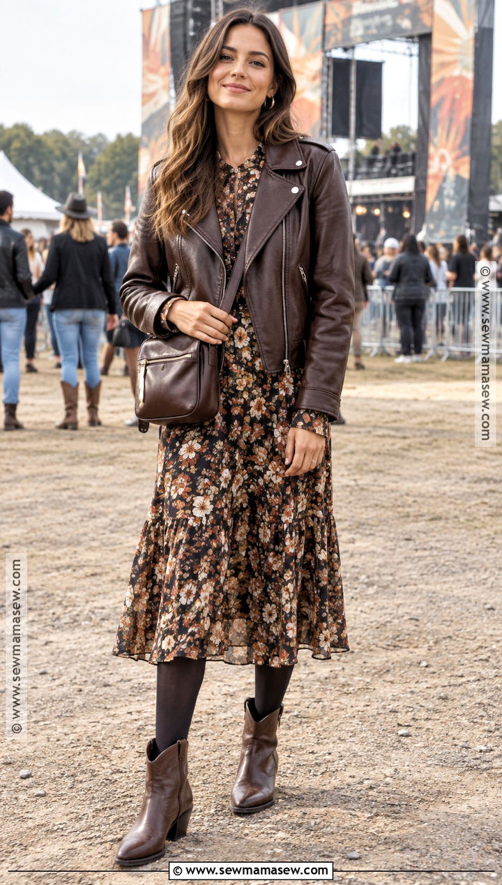 Leather Jacket And Floral Midi Dress Outfit - 20 festival fall outfit ideas
