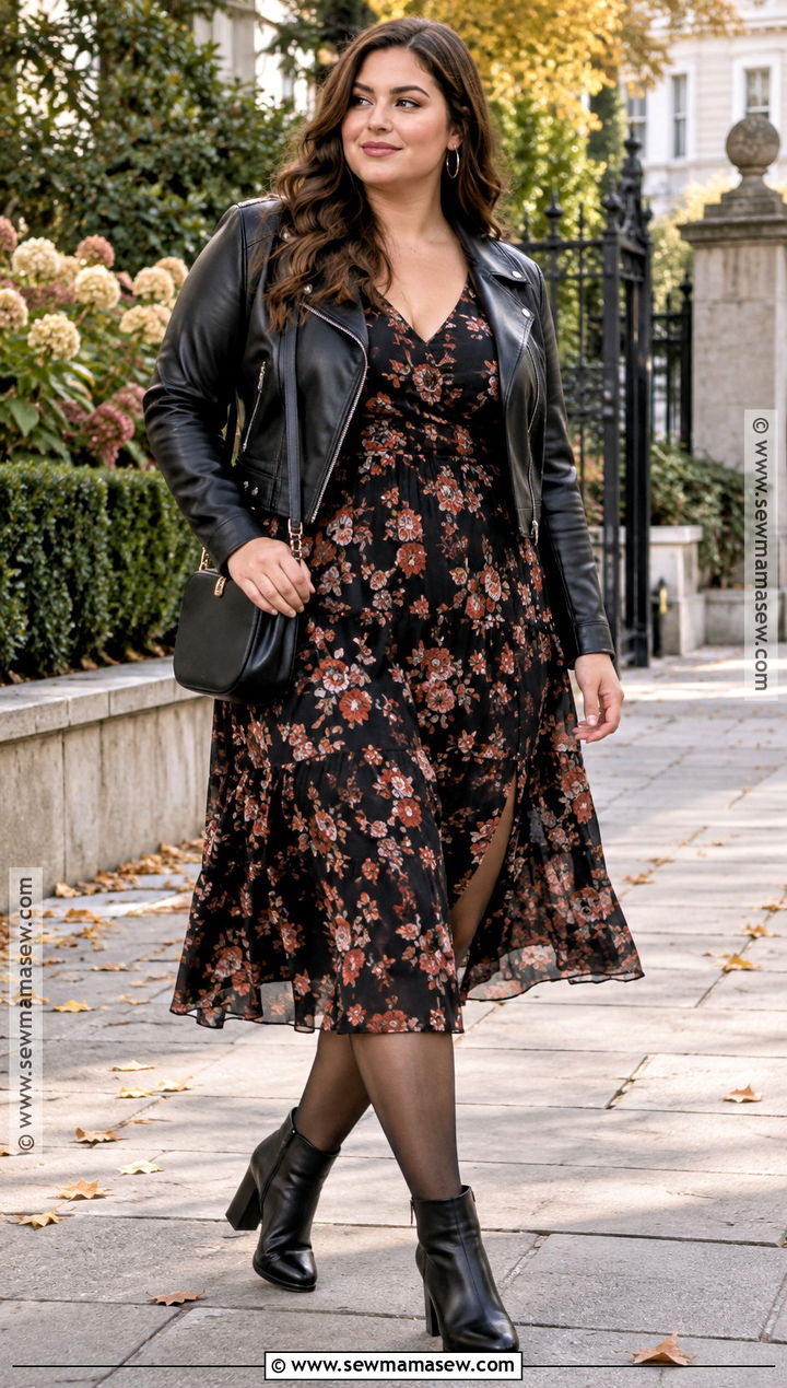 Leather Jacket And Floral Midi Dress Outfit - 15 october 2026 outfits