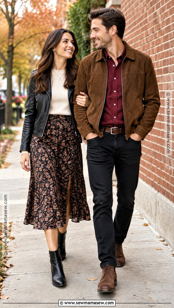 Leather Jacket And Floral Midi Skirt Fall Couple Outfit - 20 fall pictures for couples outfits