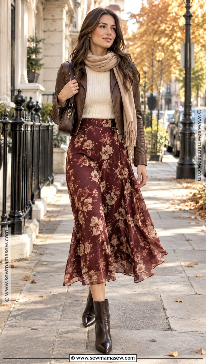 Leather Jacket And Floral Skirt Autumn Outfit - 20 Feminine Autumn Outfits