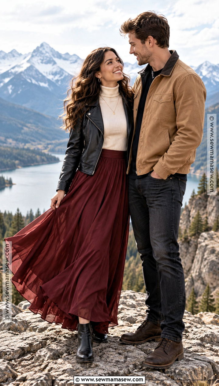 Leather Jacket And Flowy Skirt Mountain Engagement Outfit - 15 Fall Mountain Engagement Photos Outfit Ideas