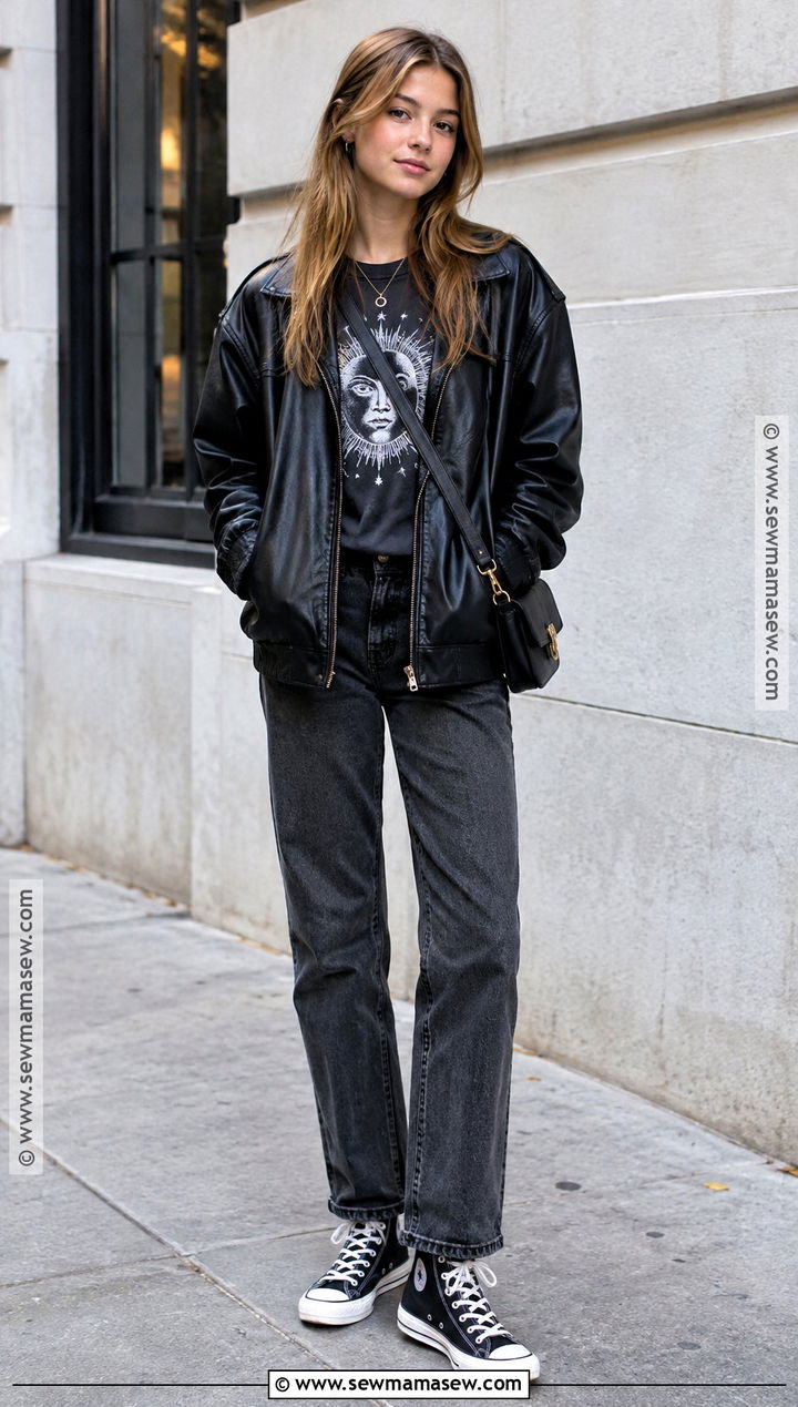 Leather Jacket And Graphic Tee Fall Outfit - 20 Teen Girl Fall Outfits