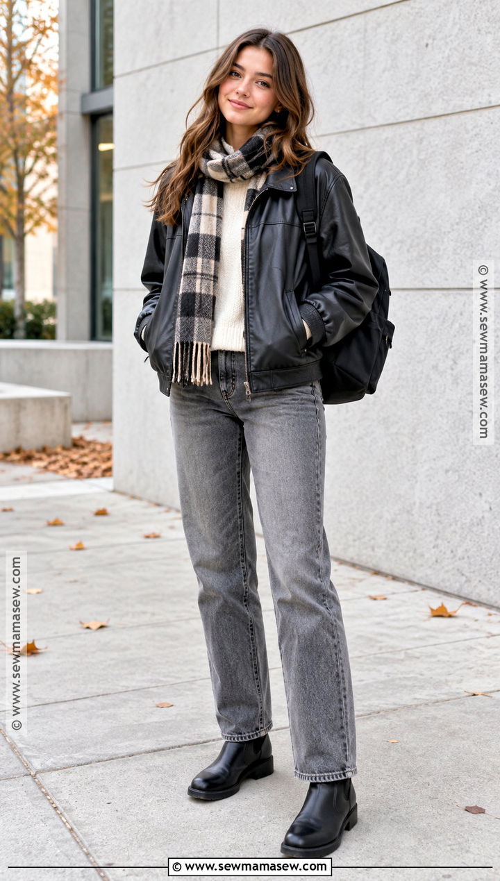 Leather Jacket And Gray Jeans School Outfit - 20 cold fall outfits school