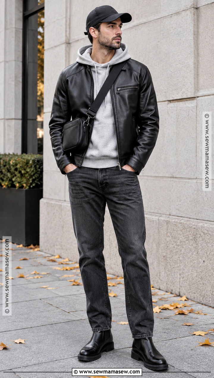 Leather Jacket And Hoodie Fall Street Outfit - 15 casual men fall outfits street styles