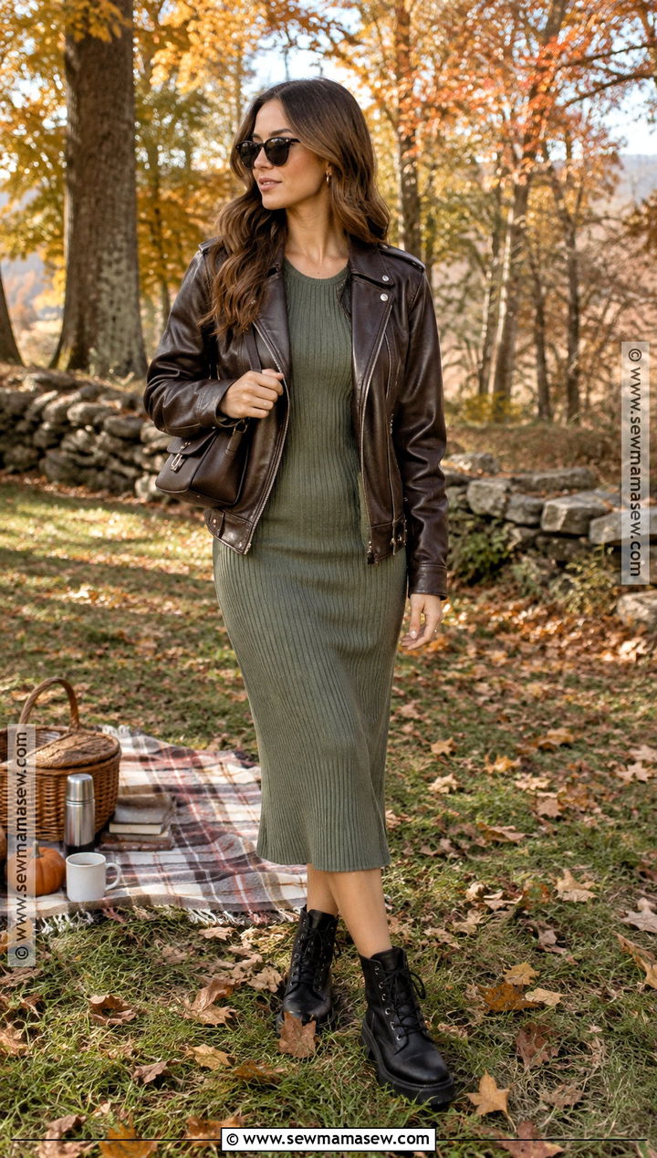 Leather Jacket And Knit Dress Picnic Outfit - 25 fall picnic outfit ideas